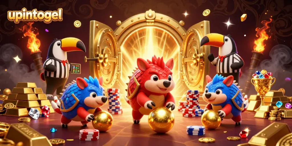 Menangkan dengan upintogel sambil berguling bola emas di antara chip poker dalam suasana kasino yang meriah.