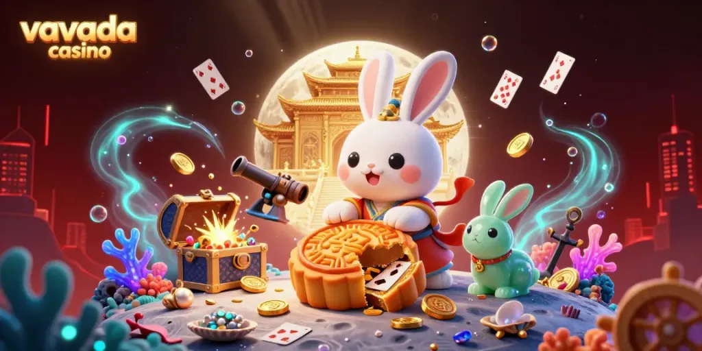 Experience the thrill of vavada casino with a lively 3D illustration of a moon rabbit revealing poker chips.