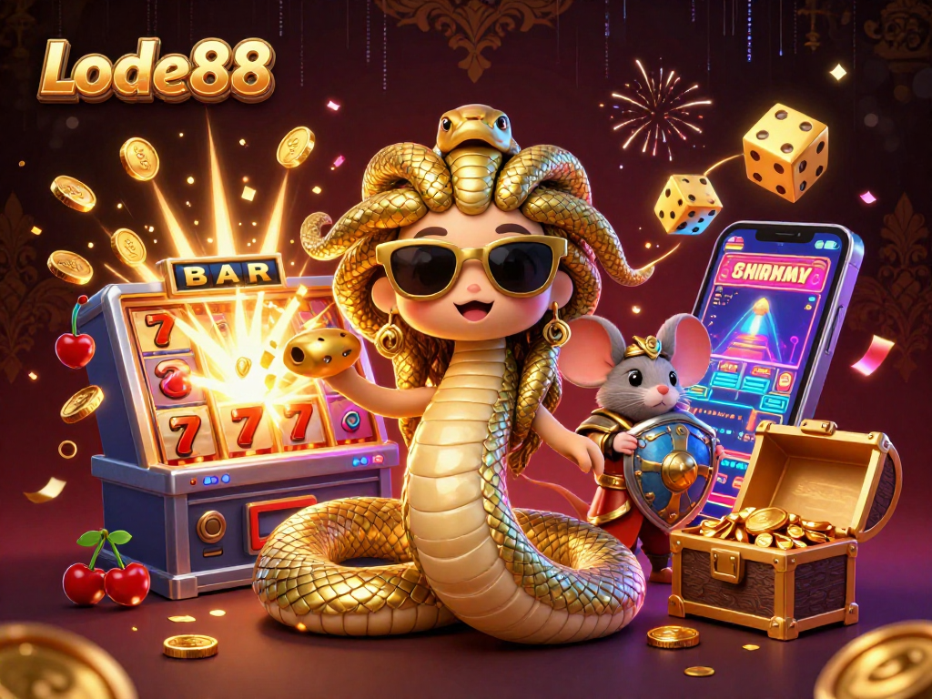 Experience thrilling moments with Lode88 in this vibrant 3D casino illustration packed with excitement.