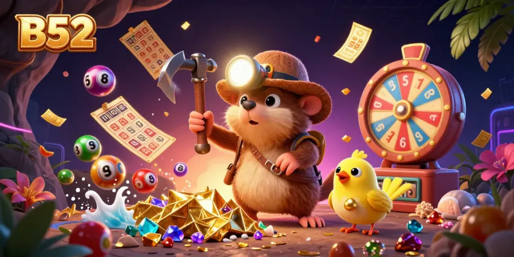 Experience the excitement of B52 gaming with a vibrant 3D illustration featuring lottery elements and treasure hunting.