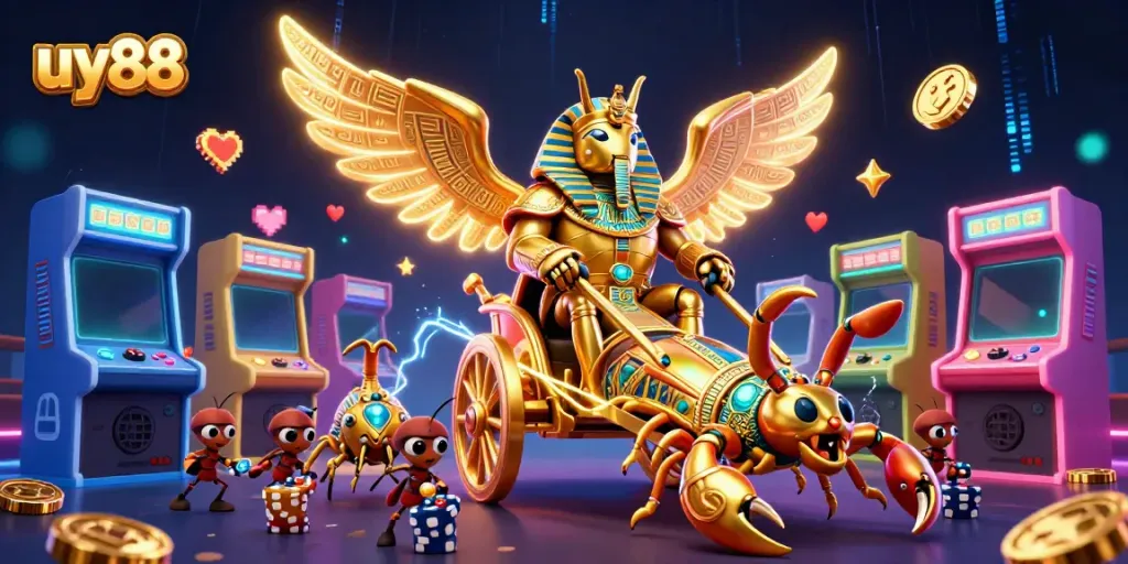 Experience thrill with uy88 as a golden scarab beetle and scorpions lead a casino adventure.