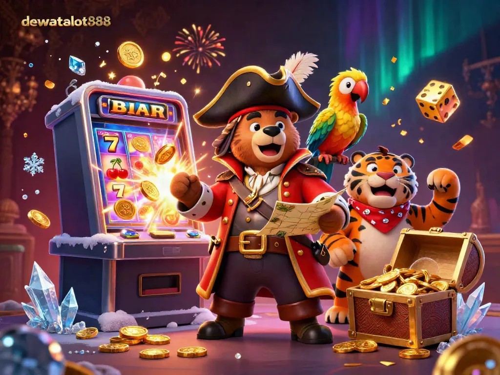 Permainan slot online dewataslot888 ditampilkan dengan kapten beruang kartun 3D dan karakter menarik lainnya.