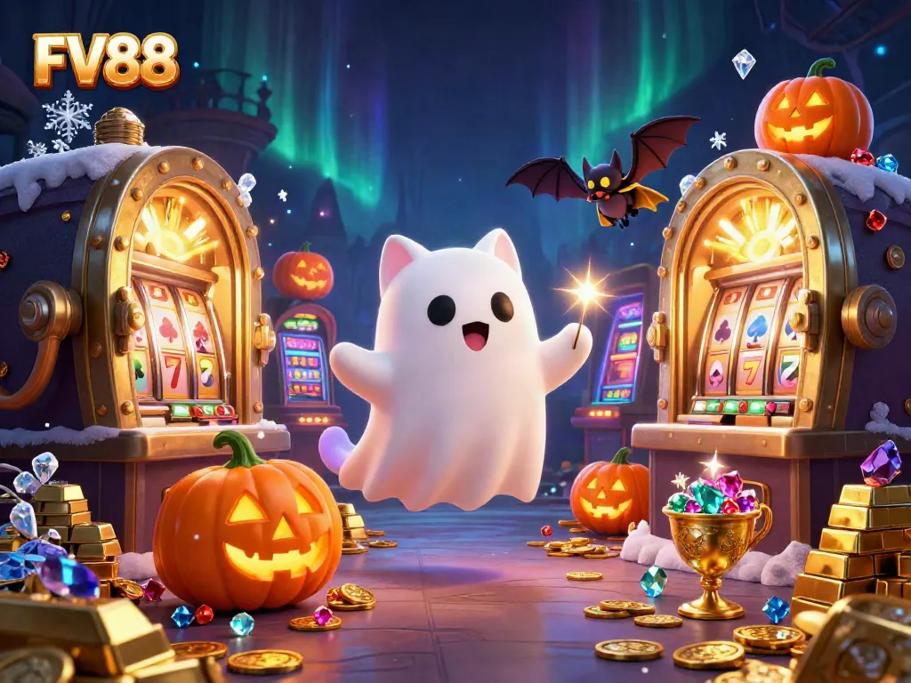 Experience thrilling gameplay with FV88's lively ghost cat and vampire bat in a haunted casino scene
