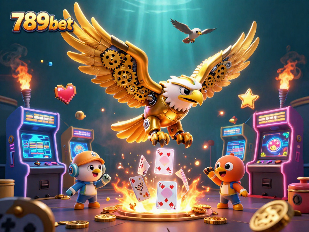 Experience 789bet with a vibrant scene showcasing a golden eagle and arcade games in a lively casino setting.