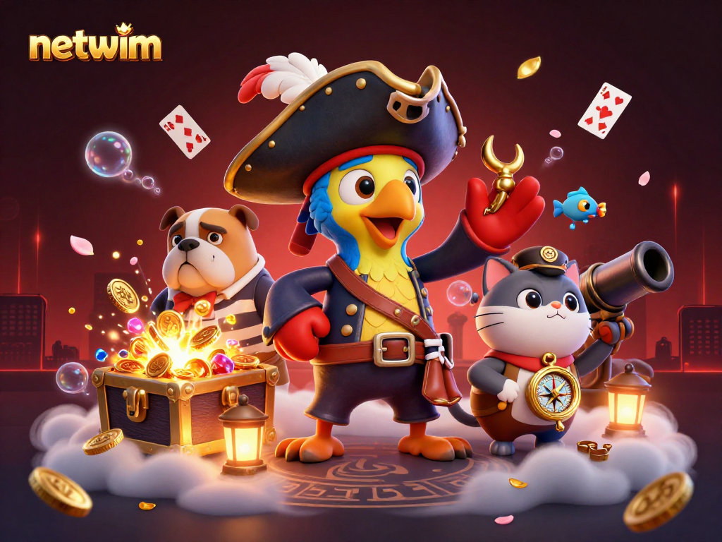 Engage in thrilling adventures with netwim as the pirate crew explores treasure-infested waters in this vibrant 3D scene.