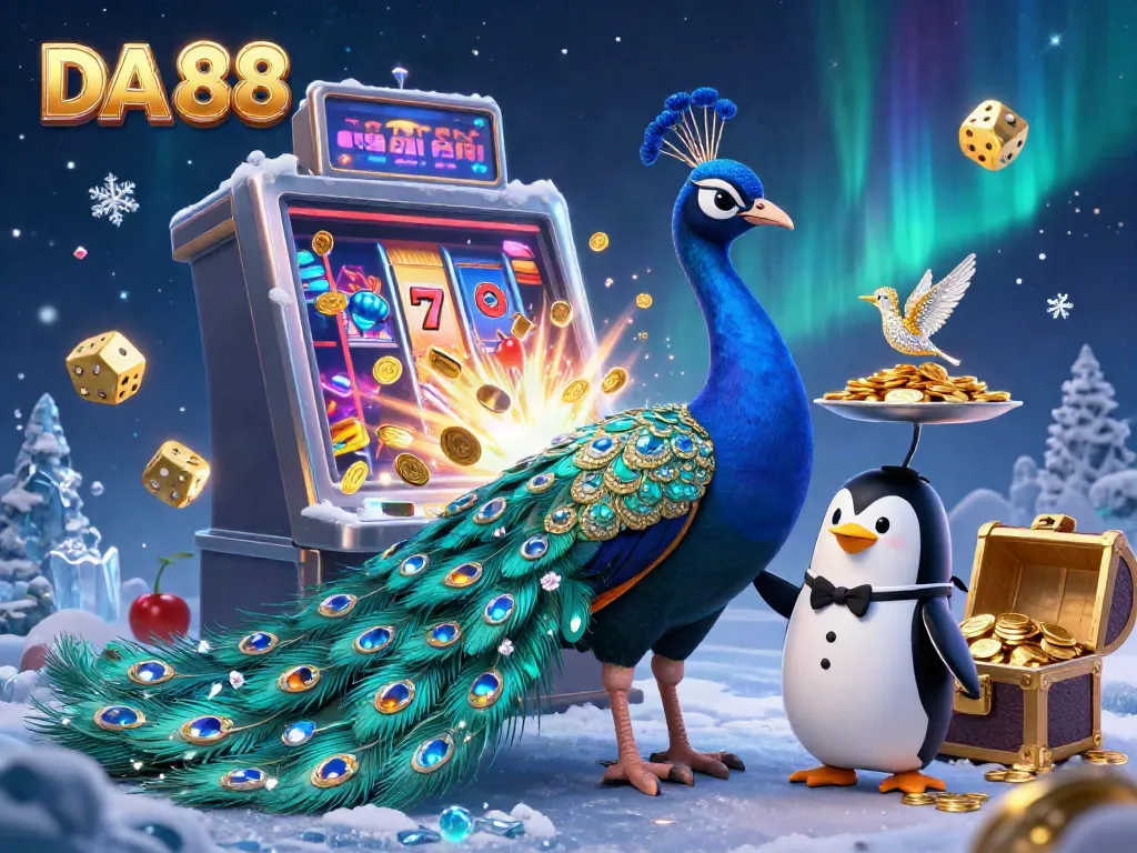 Engage in action at DA 88 with a dynamic 3D casino scene featuring a peacock, penguin, and hummingbird amidst bursting slot machines.