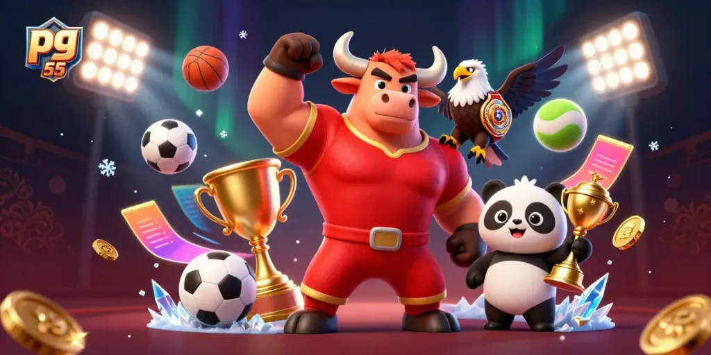 Experience the thrill of pg 55 with a victorious bull mascot surrounded by sports elements in a dynamic casino setting.