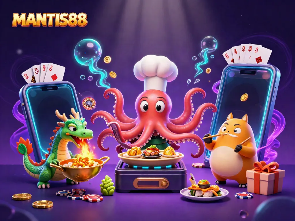 MANTIS88 showcases an engaging 3D casino scene with vibrant characters and dynamic game elements.