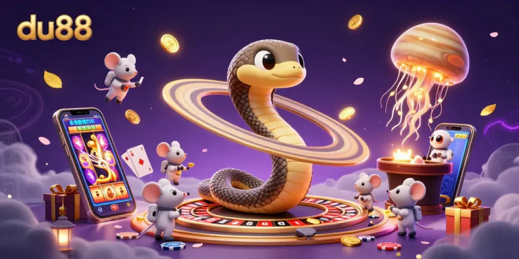 Engage in thrilling online betting at du88 with a dynamic gaming scene featuring colorful casino elements.
