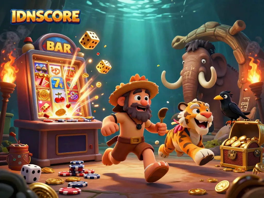IDNSCORE showcases an epic prehistoric casino scene with dynamic characters and vibrant game elements.
