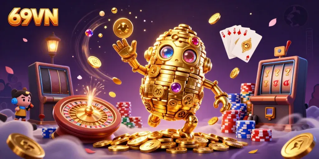 Experience the vibrant world of 69VN with dynamic elements of a casino, showcasing golems and casino games.