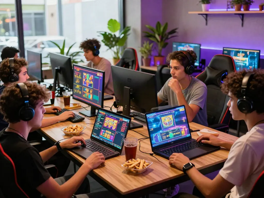 Luxury12 gaming friends enjoying fast online slots in a vibrant lounge.