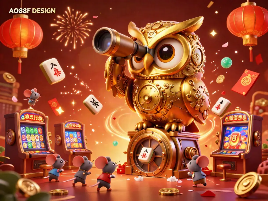 Experience thrilling gameplay with the lively AO88F DESIGN casino scene featuring a clockwork owl, vibrant games, and festive elements.