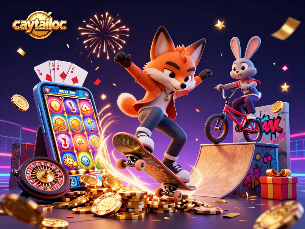 Caytailoc showcases a playful scene with a skateboarder fox and BMX rabbit amidst vibrant casino symbols and slot game elements.