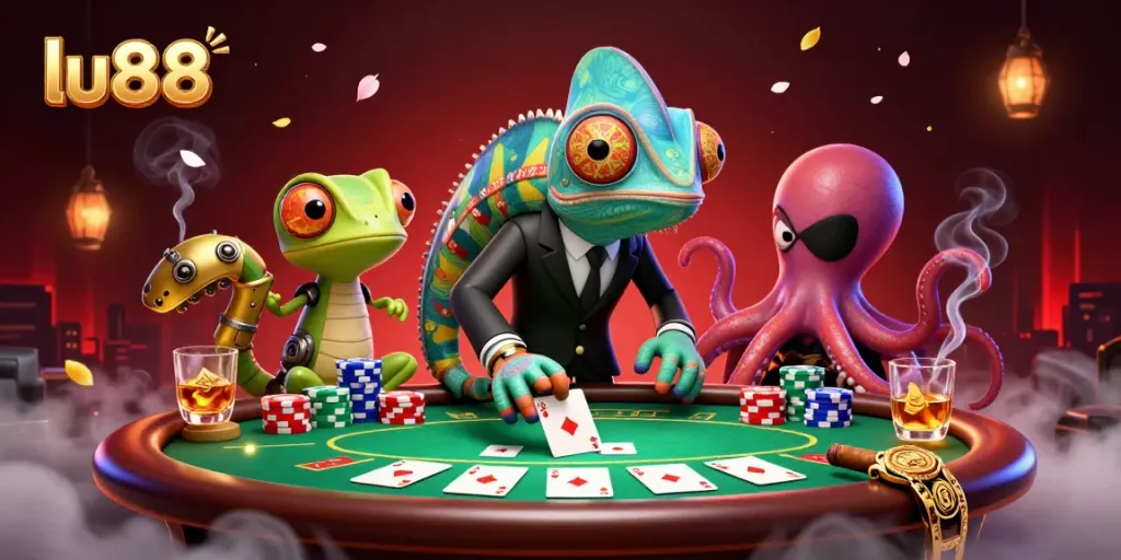 Engaging illustration showing lu88's vibrant casino atmosphere with characters playing poker and surrounded by colorful gaming elements.