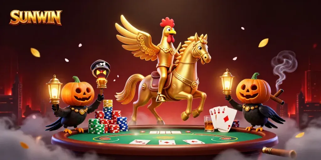 Experience the thrill of SUNWIN casino with this vibrant illustration of spectral elements and golden characters.