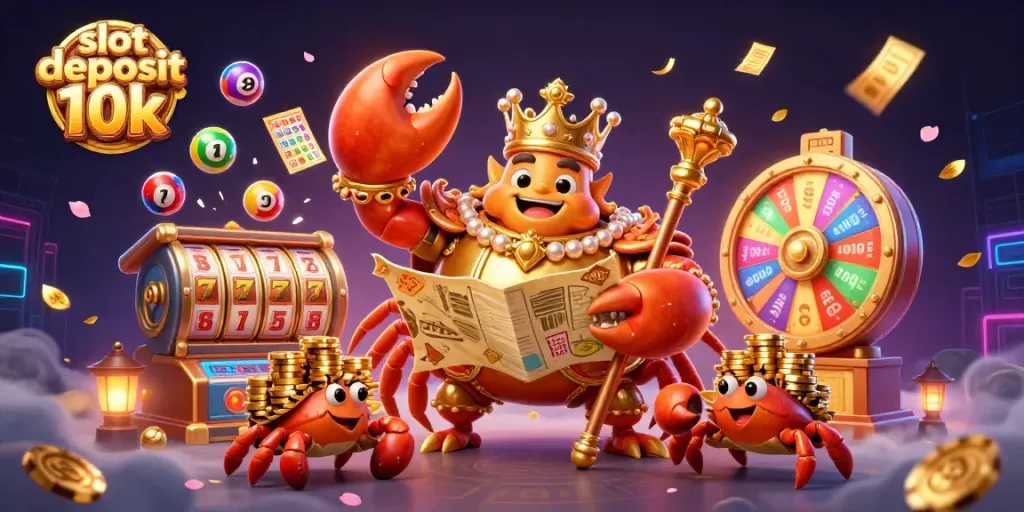 Experience slot deposit 10k with a golden crab emperor surrounded by vibrant casino elements.