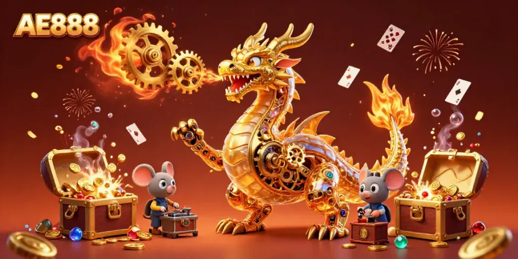 Experience spectacular gameplay with AE888's vibrant casino-themed illustration featuring a golden dragon and treasure.