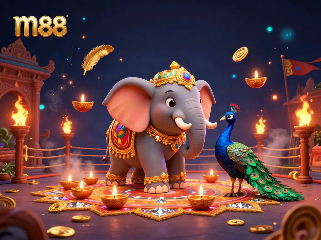 Experience the lively action at m88 with a colorful Diwali-themed elephant and peacock set in a vibrant casino scene.