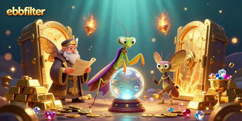 Join the fortune teller and librarian in the ebbfilter casino world, revealing riches through a crystal ball.