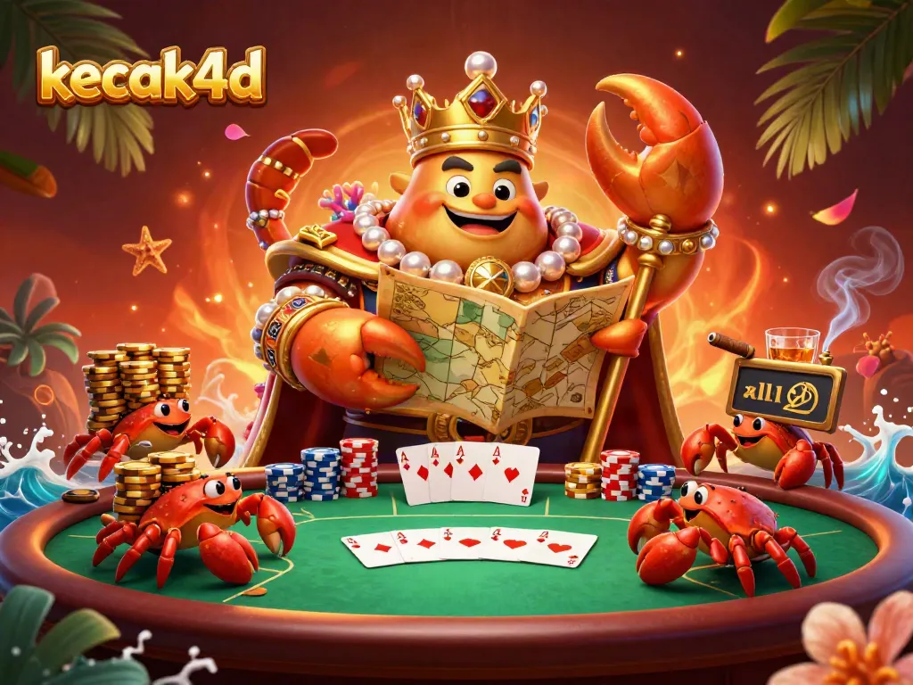 Experience the excitement of kecak4d with a golden crab emperor amid dynamic poker elements.