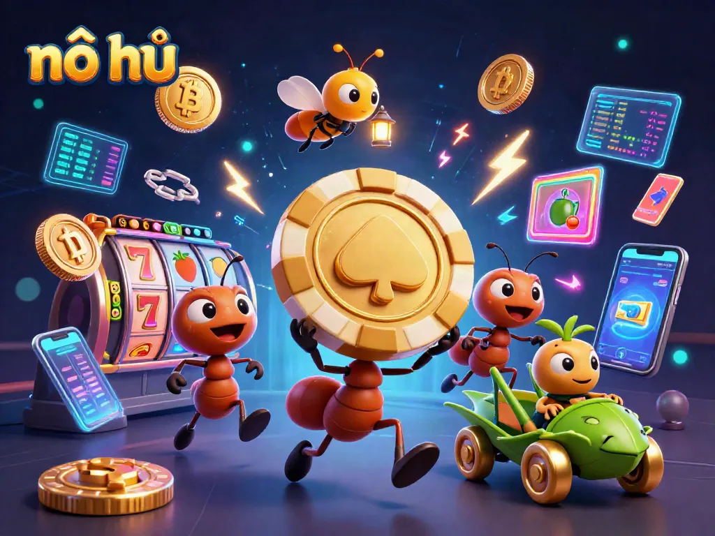 Nổ hũ strategy with ants heisting a giant poker chip amidst vibrant casino symbols and crypto elements.
