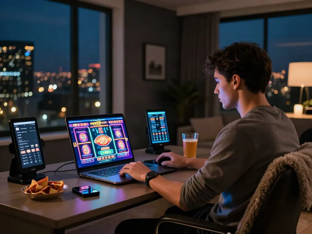 Exciting akunjp online gambling scene with games and snacks in a cozy home.