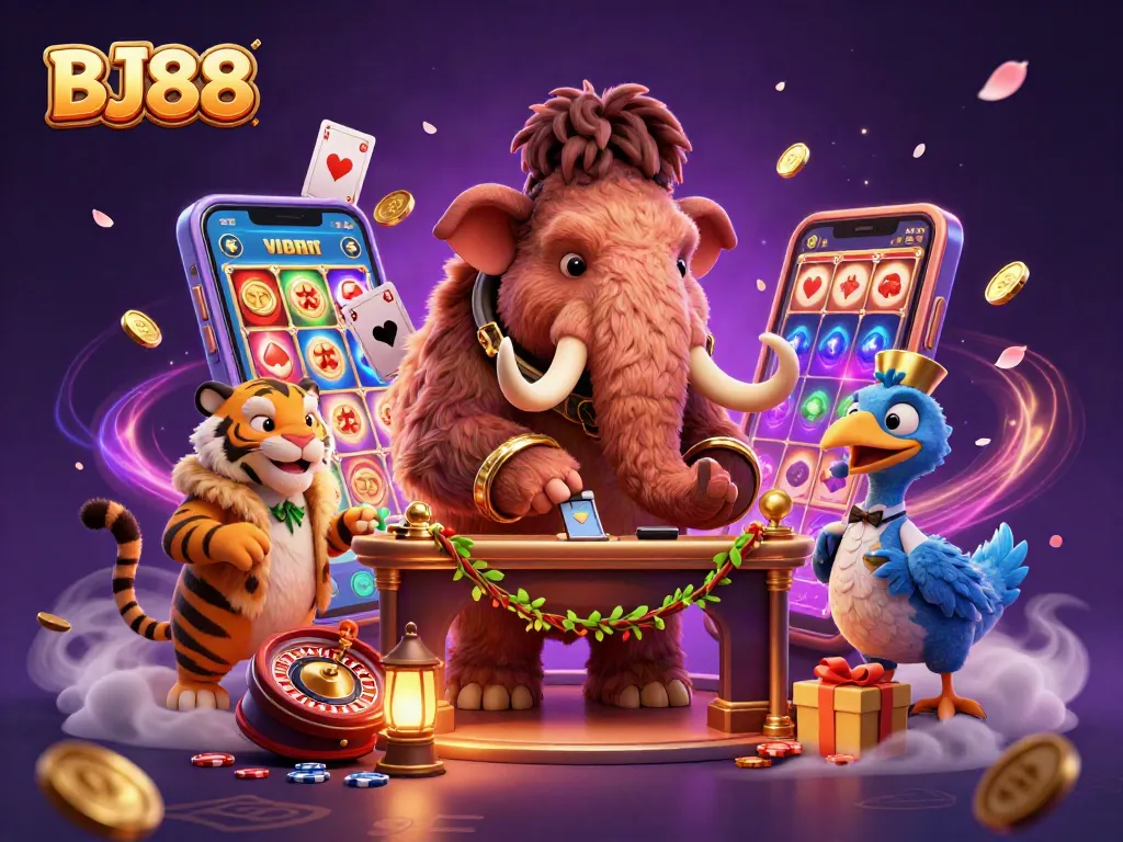 Experience BJ88's vibrant casino scene with a woolly mammoth bouncer, saber-tooth VIP, and lively gaming elements.