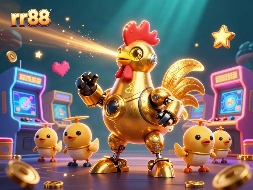 rr88's golden rooster robot engages players in an exciting casino adventure among glowing game elements.