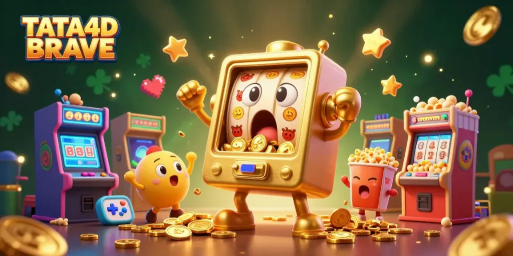 TATA4D BRAVE slot machine hitting jackpot in vibrant, energetic casino scene with cheering characters.
