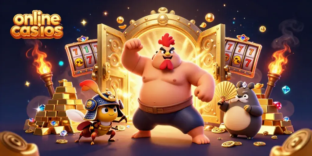 Engaging online casinos illustration featuring characters and gold elements set in a vibrant casino atmosphere.