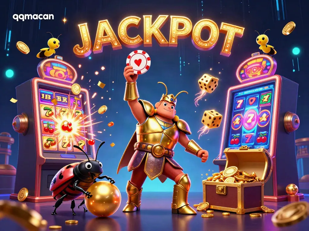 Engage with qqmacan's vibrant casino world featuring a triumphant beetle amid jackpot celebrations.