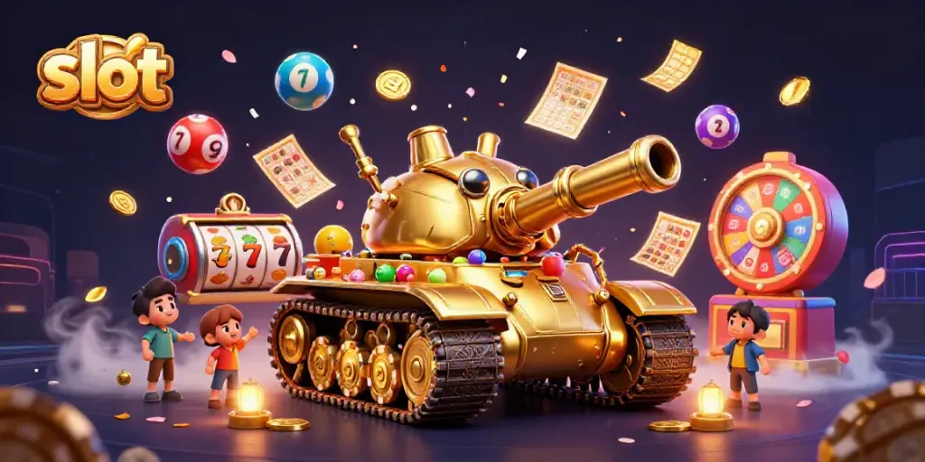 Raih kemenangan besar di slot dengan burung emas raksasa berbentuk tank berisi kasino mini.