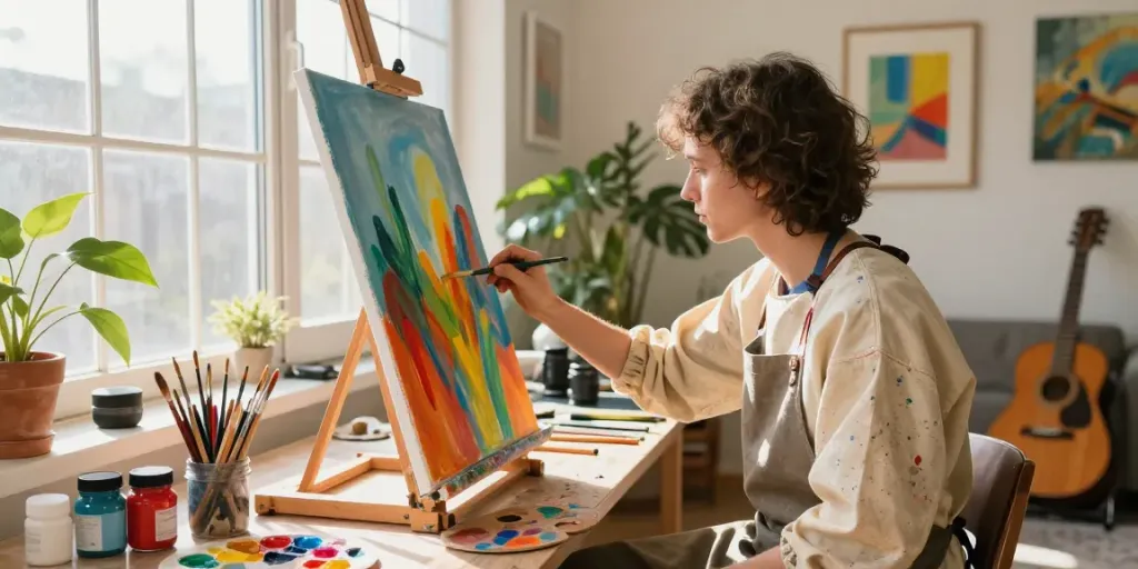 Ruang seni yang kreatif dengan seniman mewarnai kanvas besar di https://artstudiocb.com/accessibility/ dengan cahaya alami.