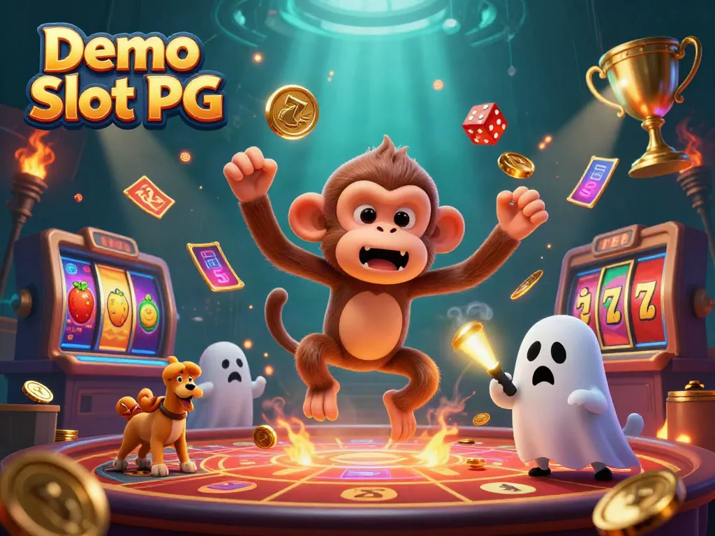 Experience excitement in a haunted casino with Demo Slot PG, featuring dynamic slot reels, coins, and a curious ghost-hunter puppy.