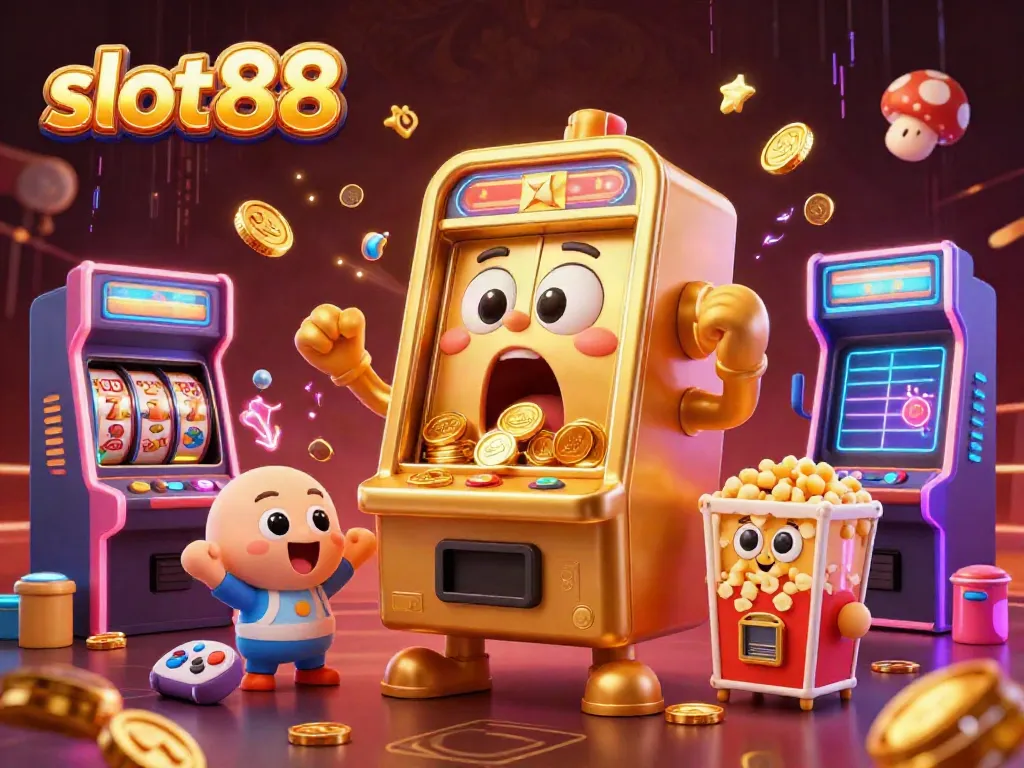 Slot88 menghadirkan mesin slot emas dan simbol keberuntungan dalam suasana kasino.