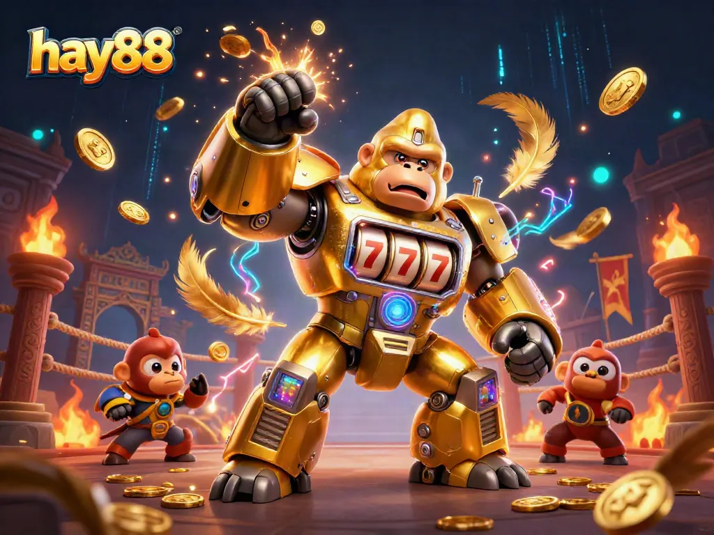 Experience the thrilling casino action at hay88 with our dynamic 3D gorilla mech and vibrant gold coins!