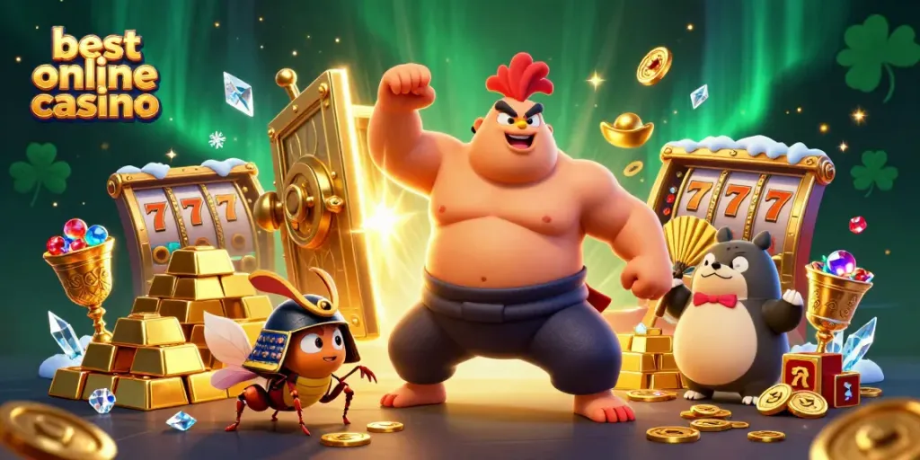Experience the thrill of the best online casino Australia with vibrant 3D characters surrounded by sparkling treasures.