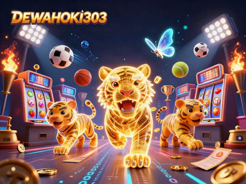 DEWAHOKI303 menampilkan slot mesin dengan simbol buah, tiket taruhan, dan piala emas di lanskap kasino digital.