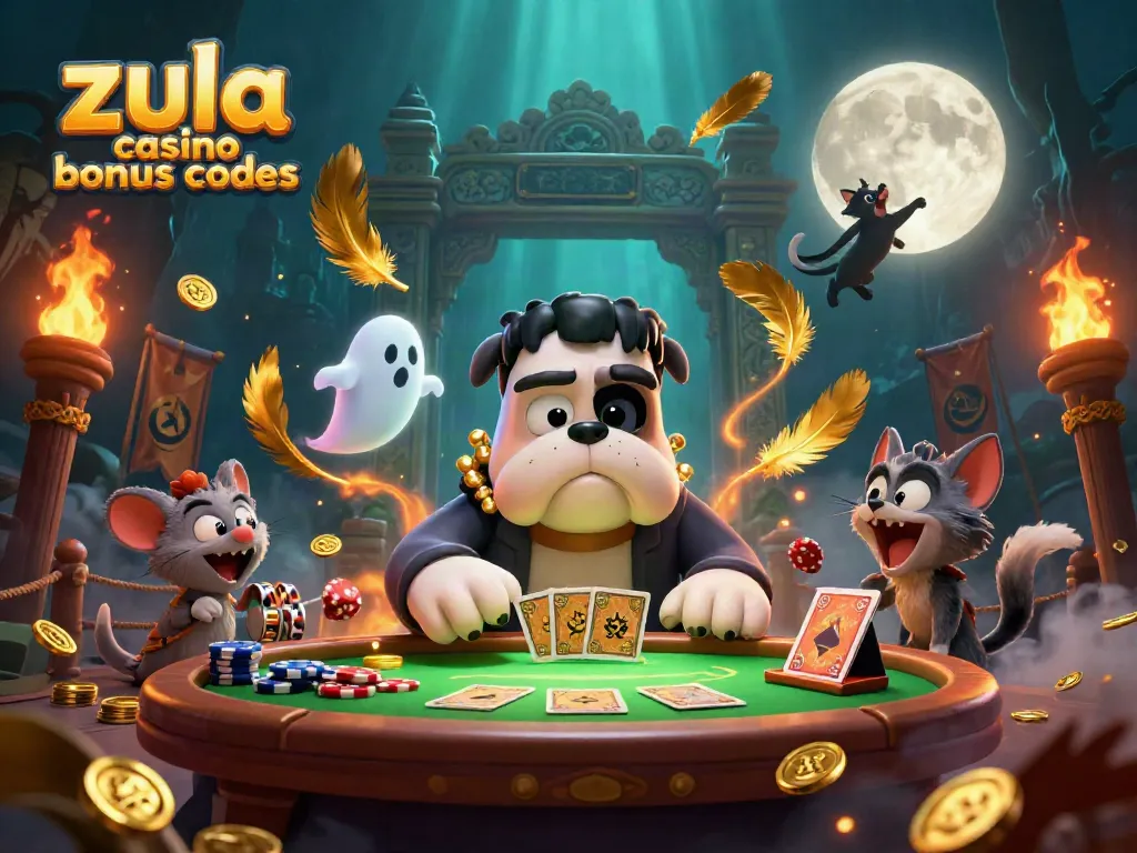 Zula casino bonus codes attract players with a thrilling 3D casino scene featuring a Frankenstein bulldog dealing cards.