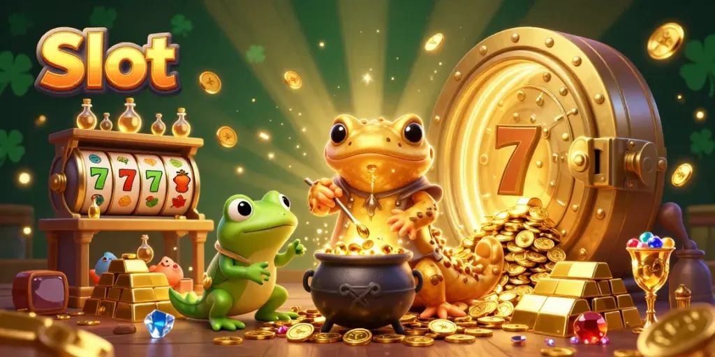 Experience the thrill of Slot games with this vibrant illustration, featuring action-packed characters and gold-themed elements.