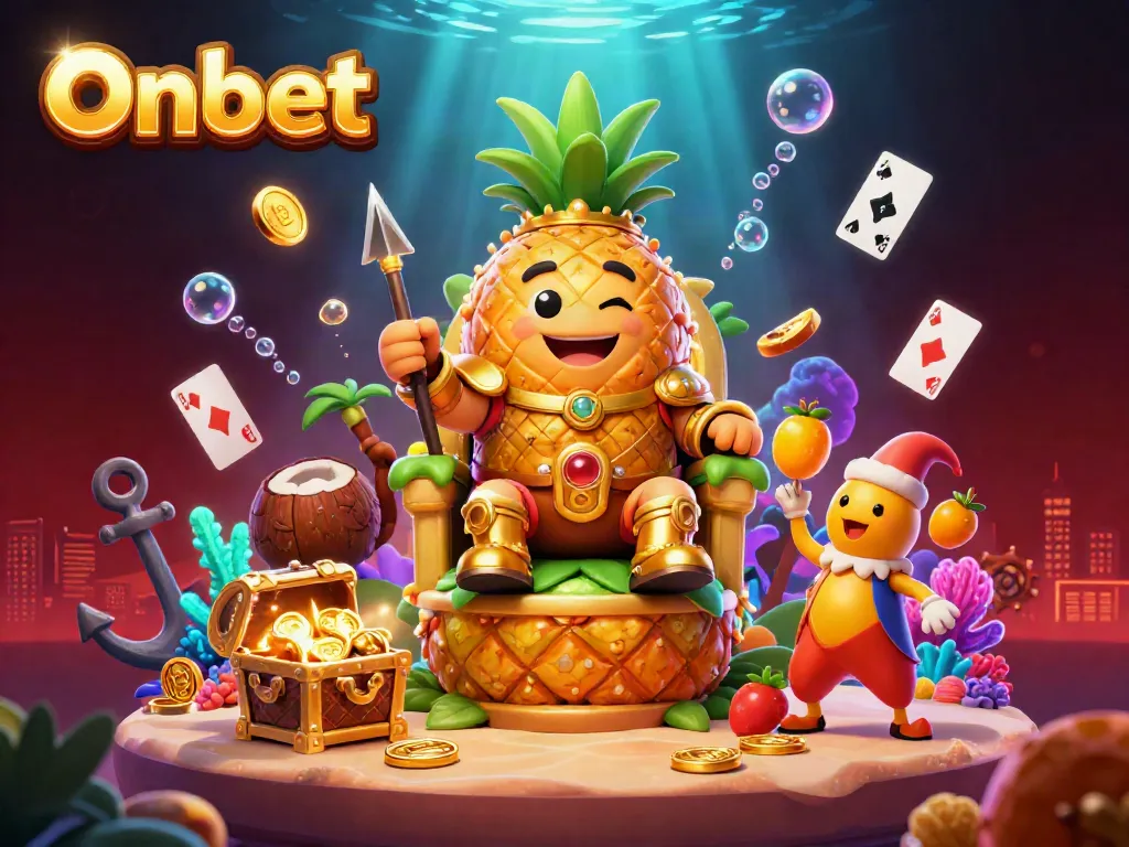 Experience Onbet's vibrant beach casino with a golden pineapple king amidst rich treasures and lively characters.
