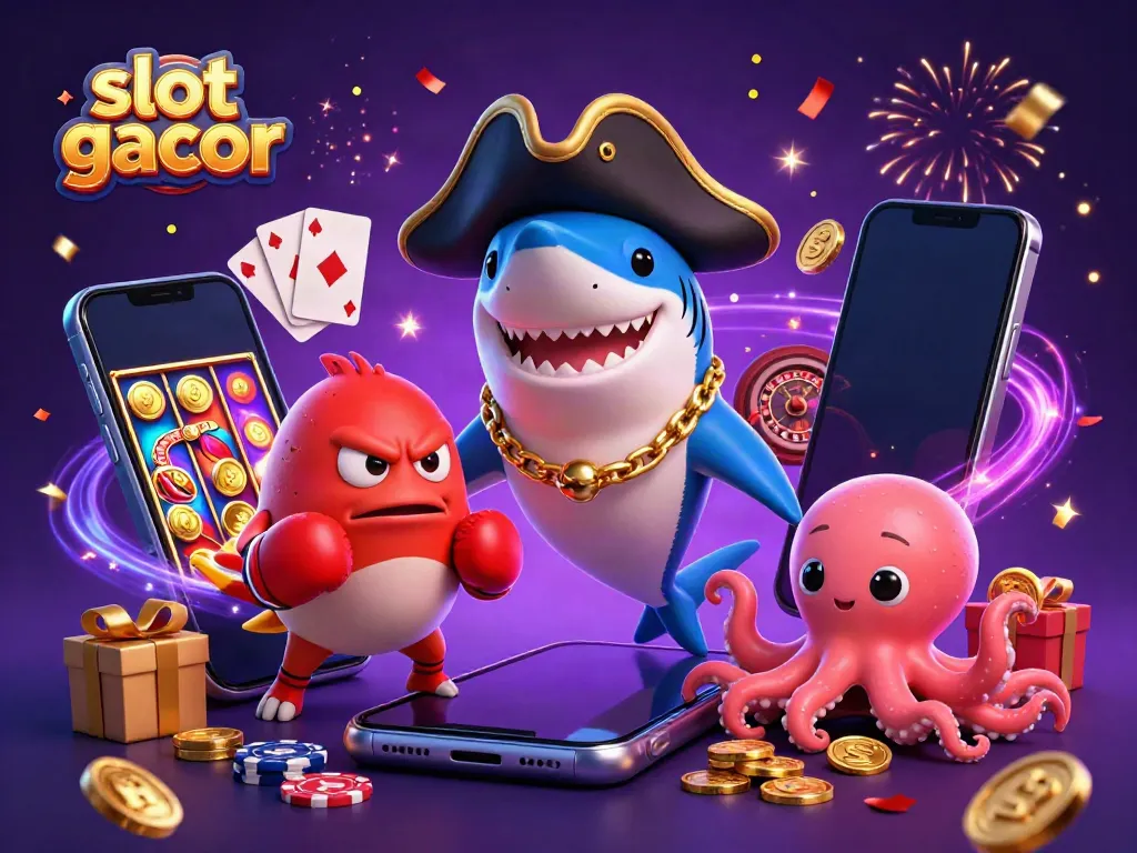 Slot gacor-themed 3D illustration with various casino game elements and vibrant characters celebrating.