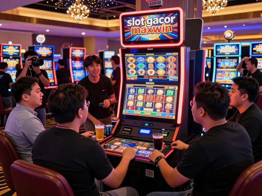 Excited players enjoying slot gacor maxwin on a lively casino floor.