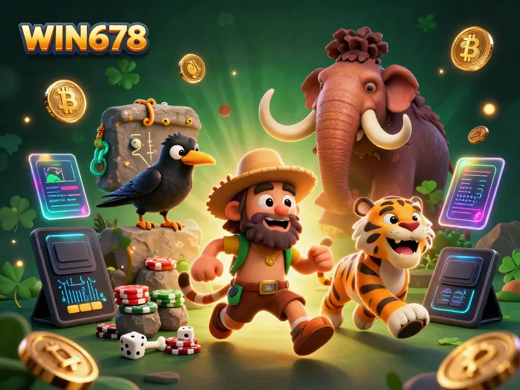 Experience the thrill of WIN678 casino with a vibrant 3D scene of unique characters and colorful game elements.