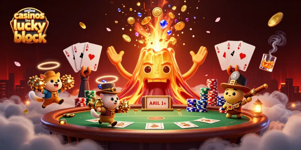 Explore online casinos like lucky block in a vibrant 3D illustration showcasing poker elements and treasure.