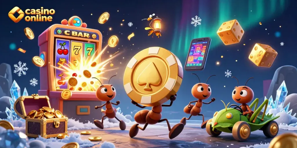 Tim ant mencuri chip dalam dunia kasino online yang ceria.