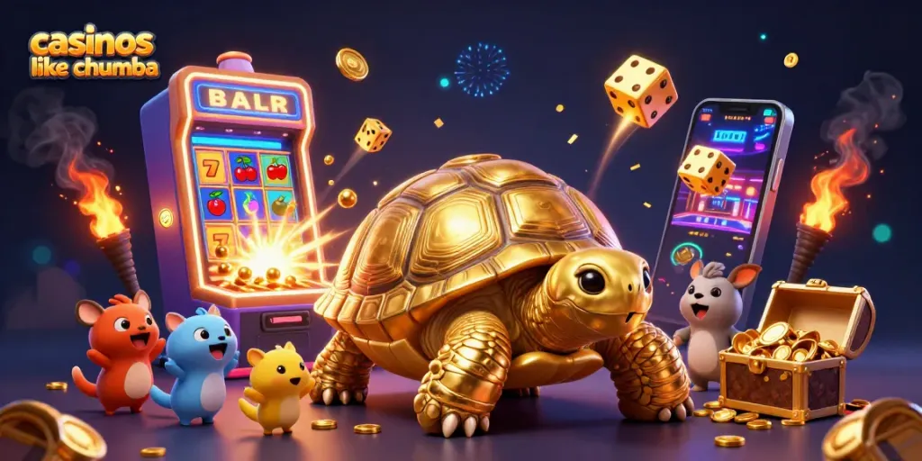 Experience thrilling games in casinos like Chumba with vibrant animated illustrations of slot machines and bonuses.