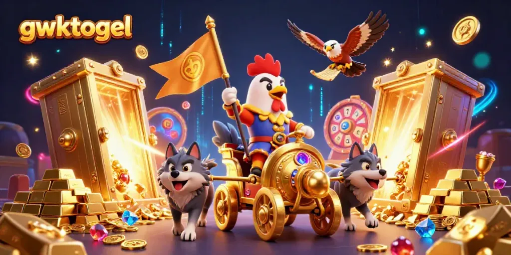 Gamer beruntung bermain gwktogel dengan banyak bola lotere dan harta karun di sekelilingnya.