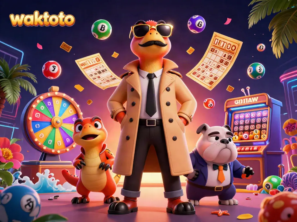 Bermain lotere dan bingo di WAKTOTO dengan suasana kasino yang ceria dan penuh warna.